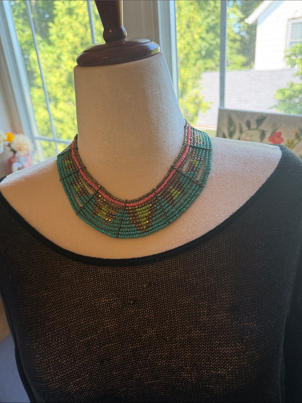 Handcrafted Beaded Statement Necklace in Teal and Pink